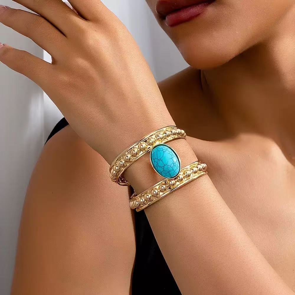 Minimal Wide Openwork Bracelet with Turquoise Tone Detail