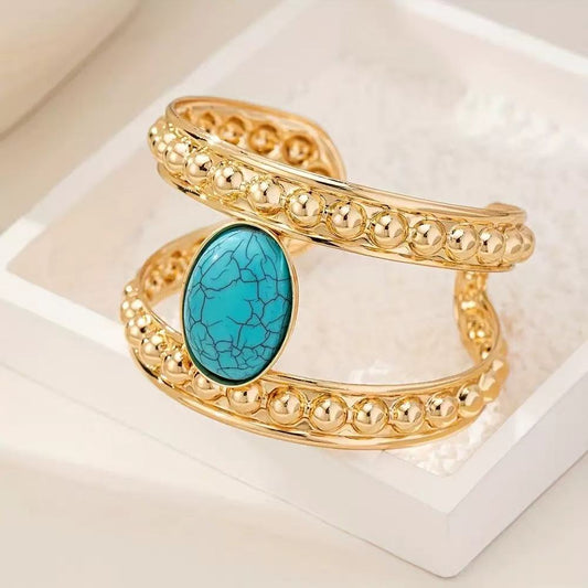 Minimal Wide Openwork Bracelet with Turquoise Tone Detail
