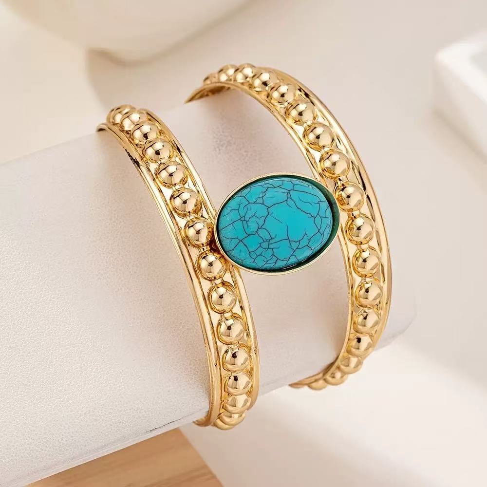 Minimal Wide Openwork Bracelet with Turquoise Tone Detail