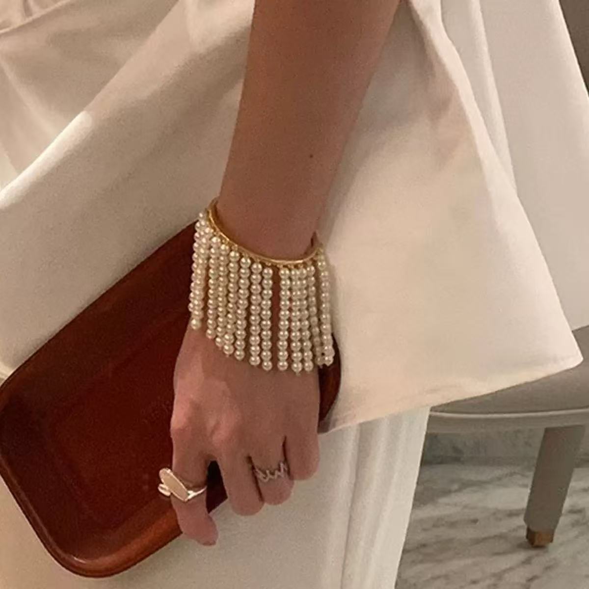 Pearl Tassel Open Cuff Bracelet in Alloy