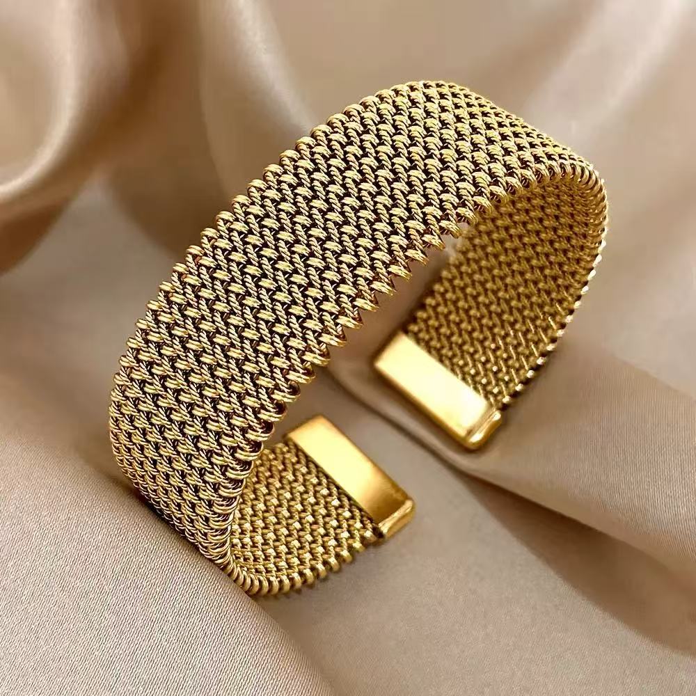 Minimal Woven Steel Mesh Open Bracelet in Stainless Steel