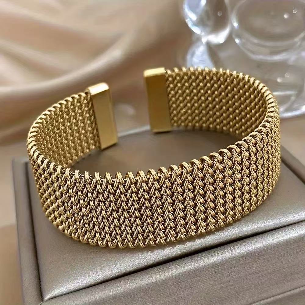 Minimal Woven Steel Mesh Open Bracelet in Stainless Steel