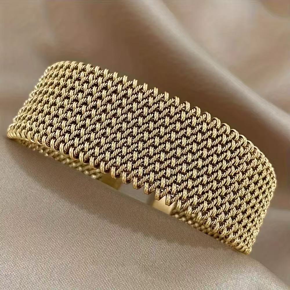 Minimal Woven Steel Mesh Open Bracelet in Stainless Steel