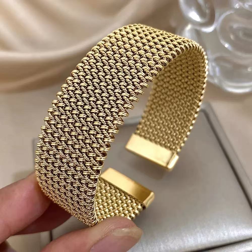 Minimal Woven Steel Mesh Open Bracelet in Stainless Steel