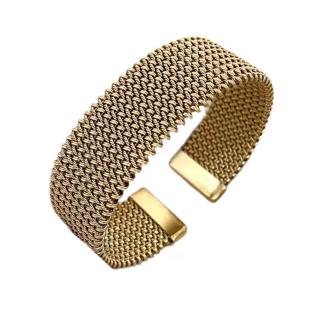 Minimal Woven Steel Mesh Open Bracelet in Stainless Steel