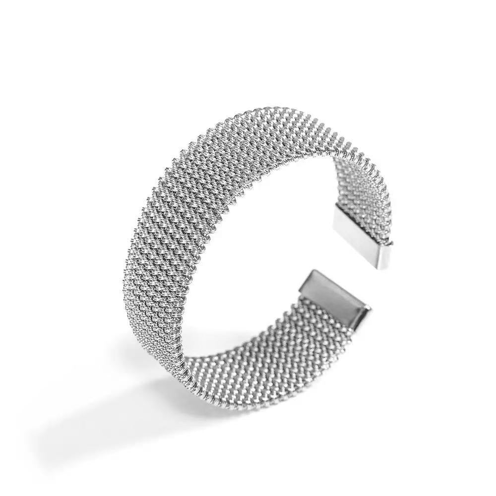 Minimal Woven Steel Mesh Open Bracelet in Stainless Steel
