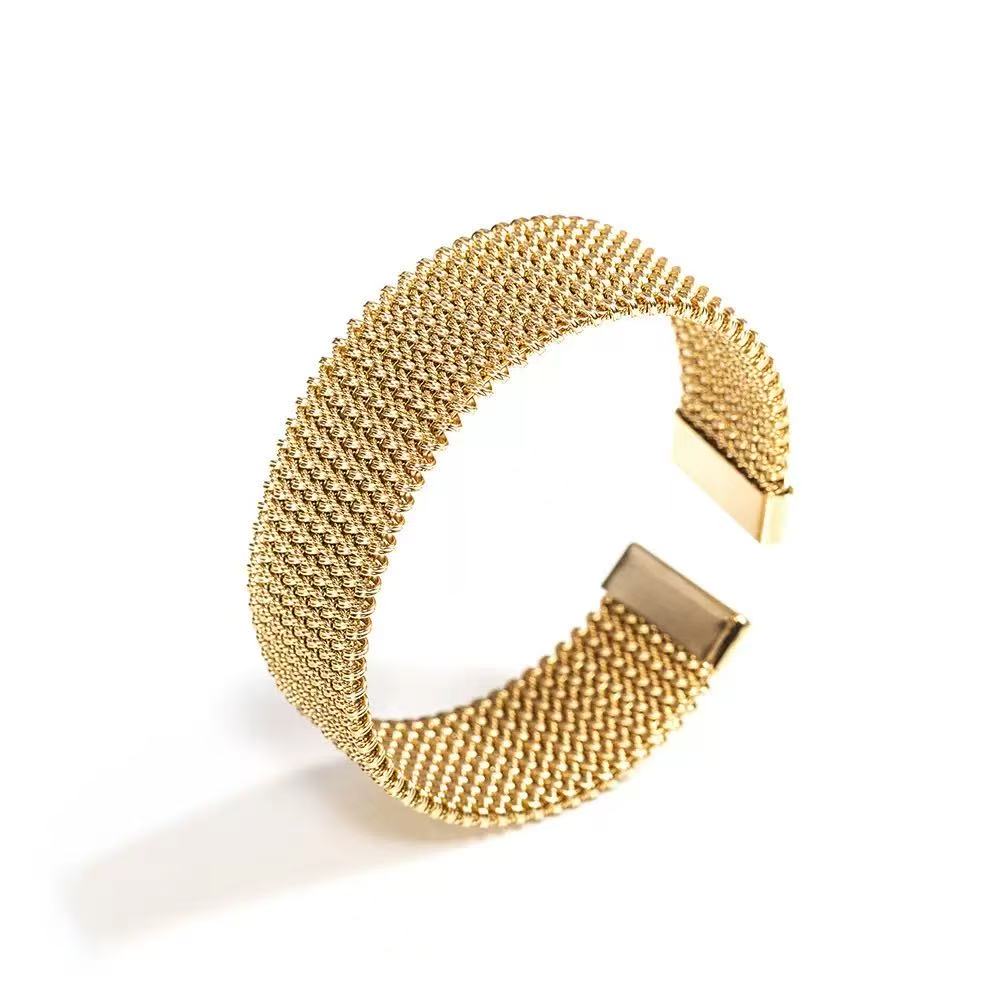 Minimal Woven Steel Mesh Open Bracelet in Stainless Steel