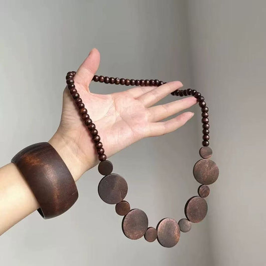 Wood Bead Circular Necklace in Natural Wood Material