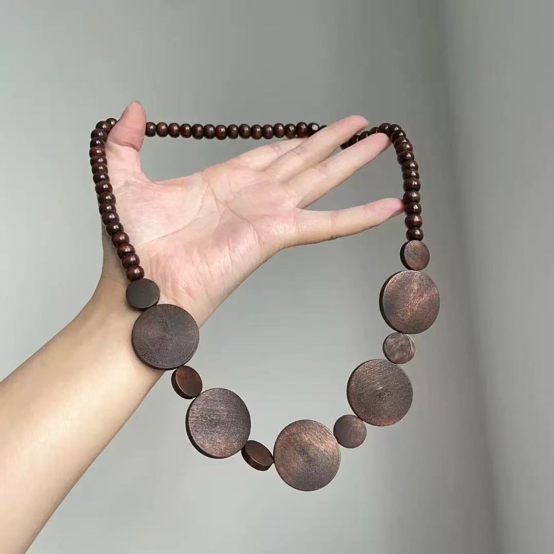 Wood Bead Circular Necklace in Natural Wood Material
