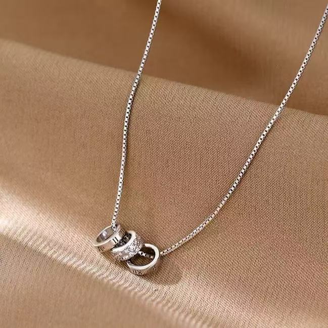 Triple Hoop Necklace with Roman Numeral Pendant in Silver-Plated Alloy